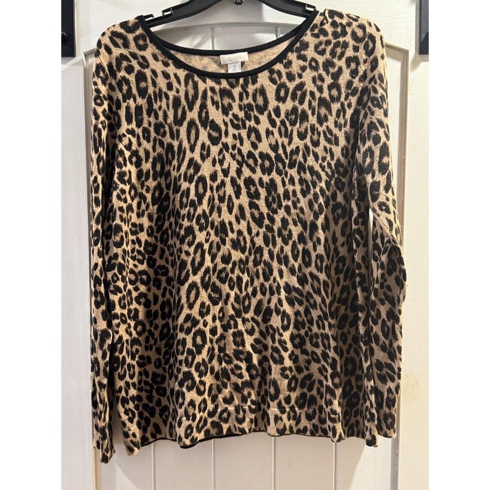 Chico's Knit Top Lg ( 2) Women's Large Brown Leopard Long Sleeve Shirt Stretch